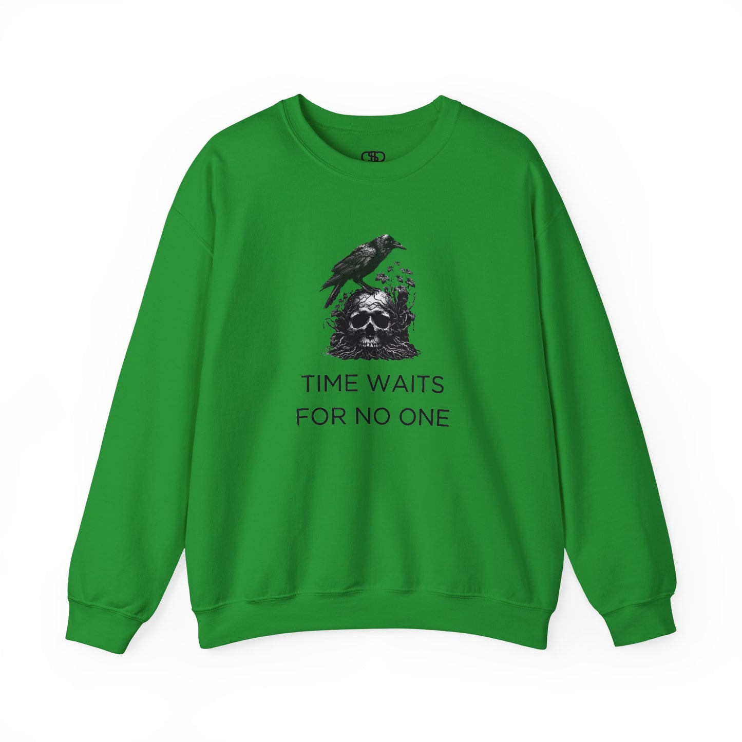 A sweatshirt featuring a detailed illustration of a crow perched on a human skull that is intertwined with overgrown vines and moss. Along with the words Time Waits For No One.