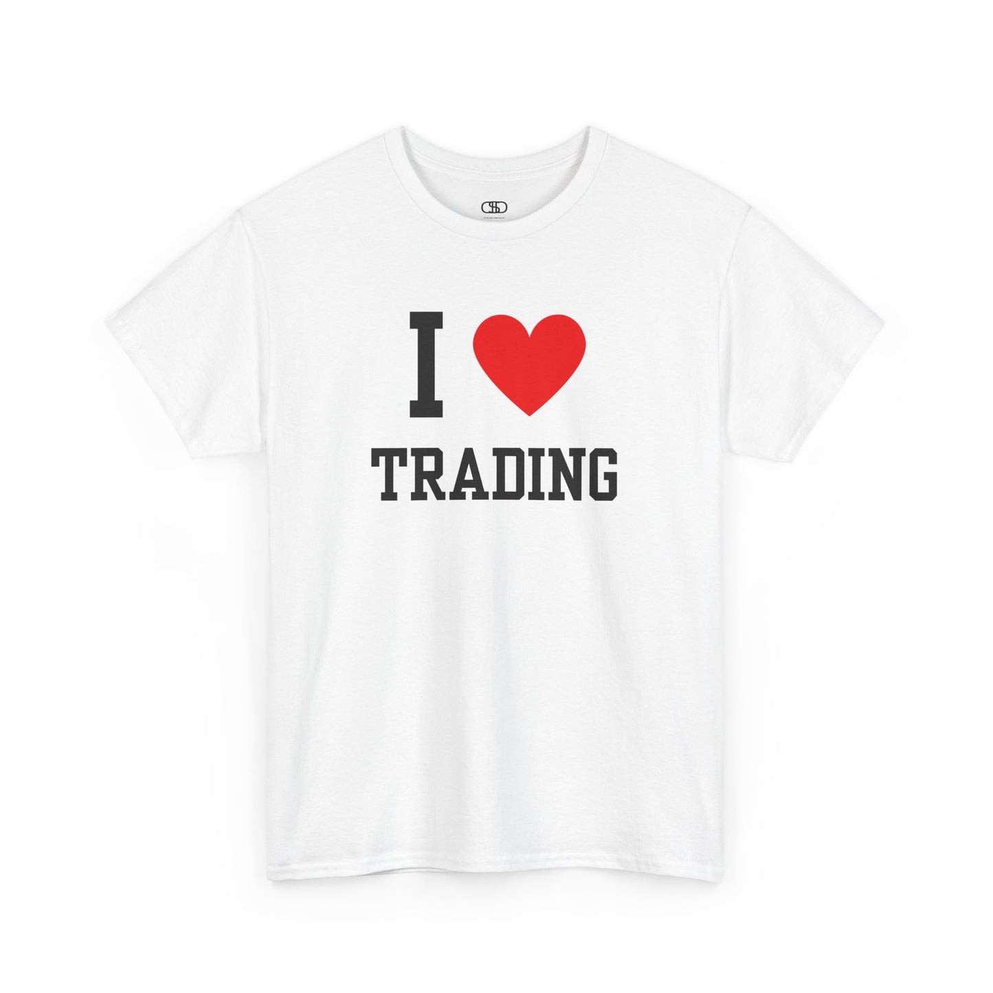 A minimalist t-shirt featuring the "I Love design with the text "I," a red heart symbol, and the word "Trading" underneath.