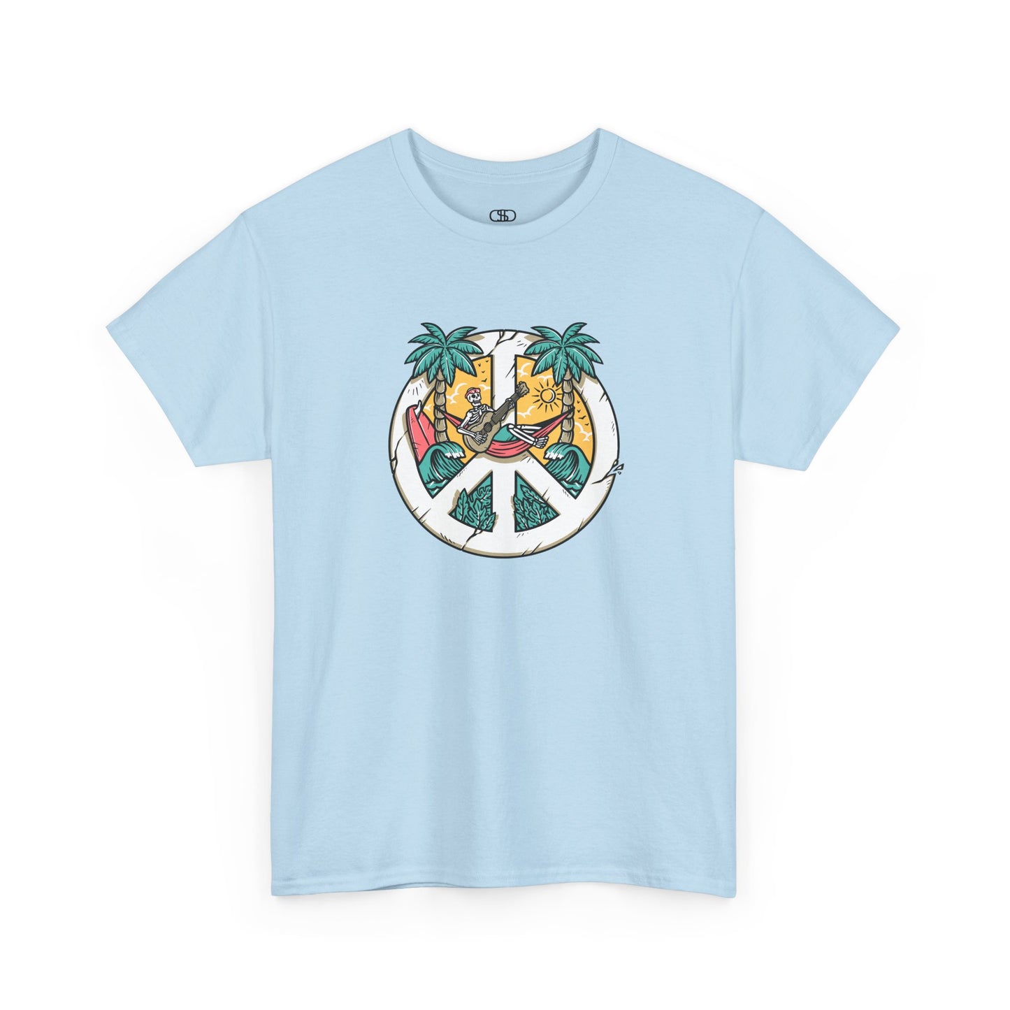 T-shirt showing a skeleton with a peace sign head, lying in a hammock playing a guitar between two palm trees with waves in the background.