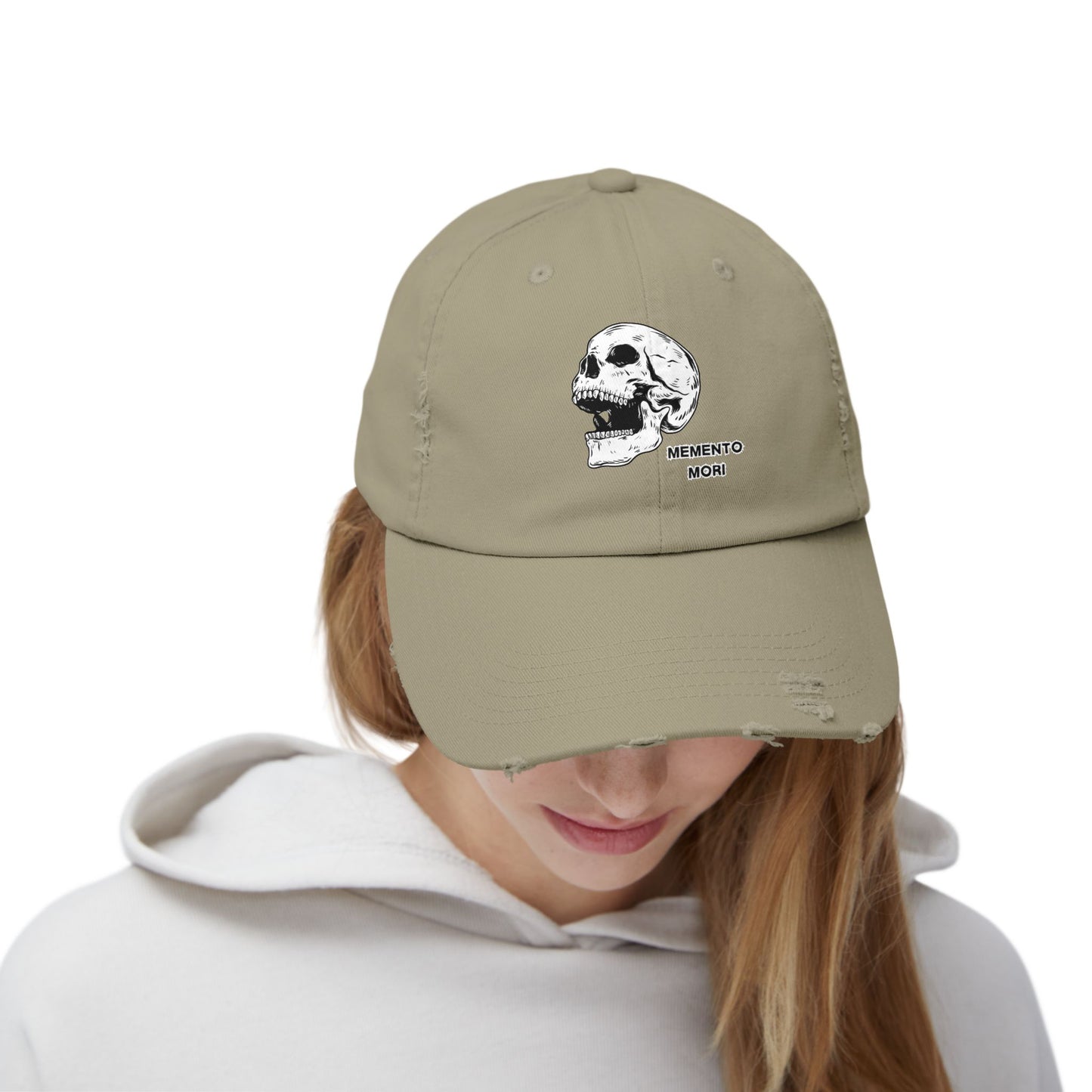 Memento Mori Distressed Hat – Skull Embroidered Cap with Gothic Flair
