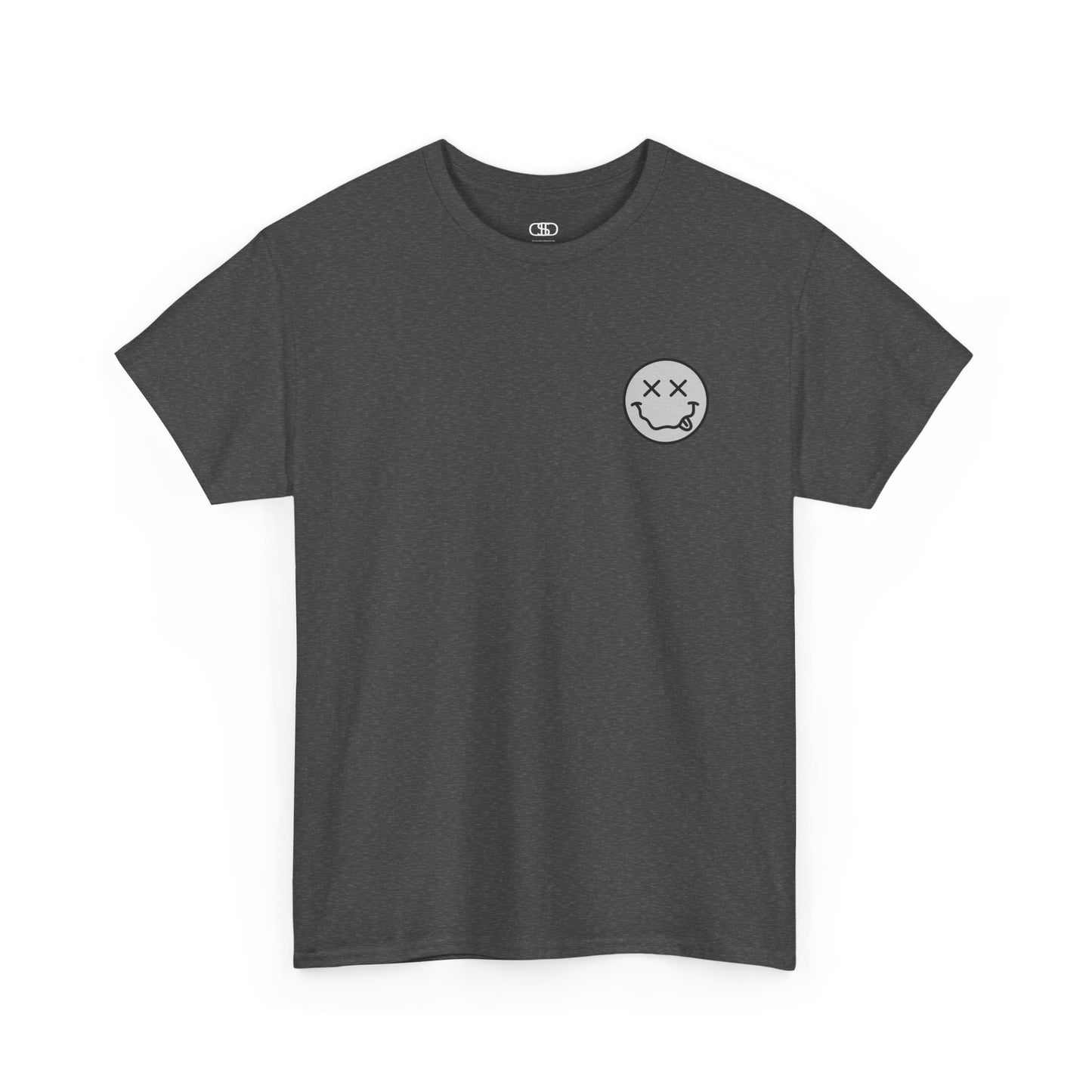 A heather gray t-shirt with a smiley face emoji on the front and the phrase “Everything Hurts and I am Hungry” in a retro font on the back.