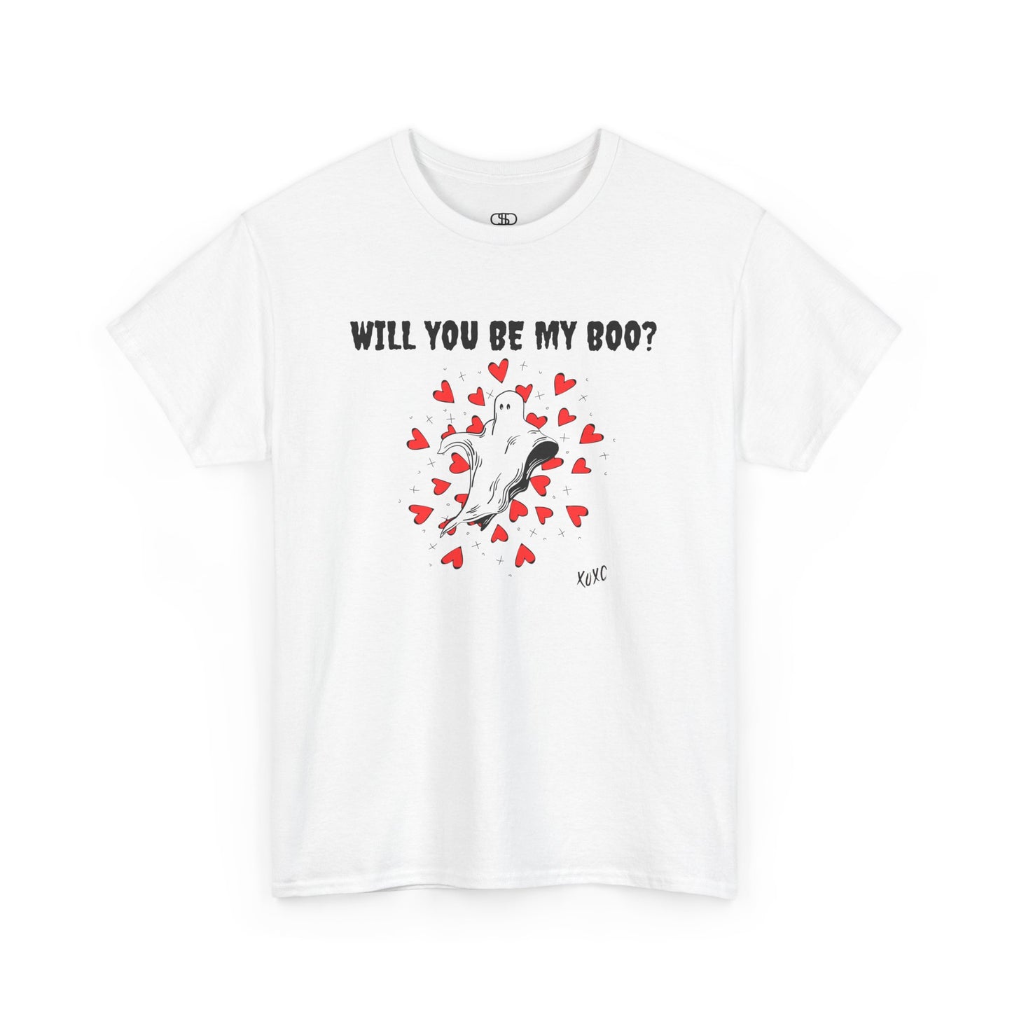 A t-shirt featuring a cute floating ghost surrounded by bursting hearts. At the top of the design, the text reads, "Will You Be my Boo?"
