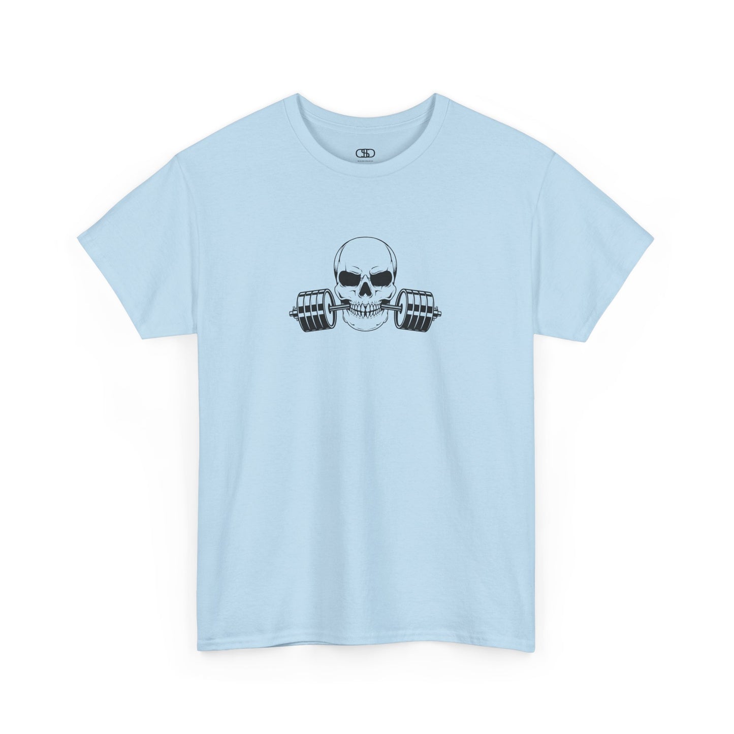 A light blue colored t-shirt in with a skull biting a barbell and the words.