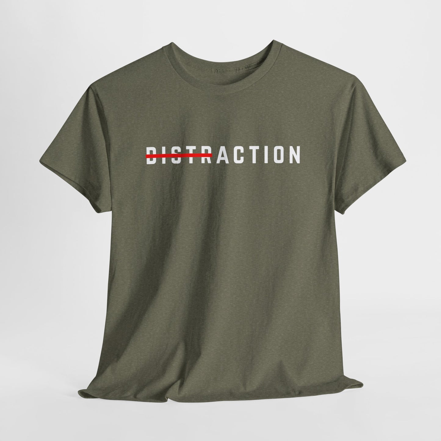 A minimalist t-shirt featuring the word "Distraction" with the 'Dist' part crossed out, emphasizing the word 'Action' in a bold font.