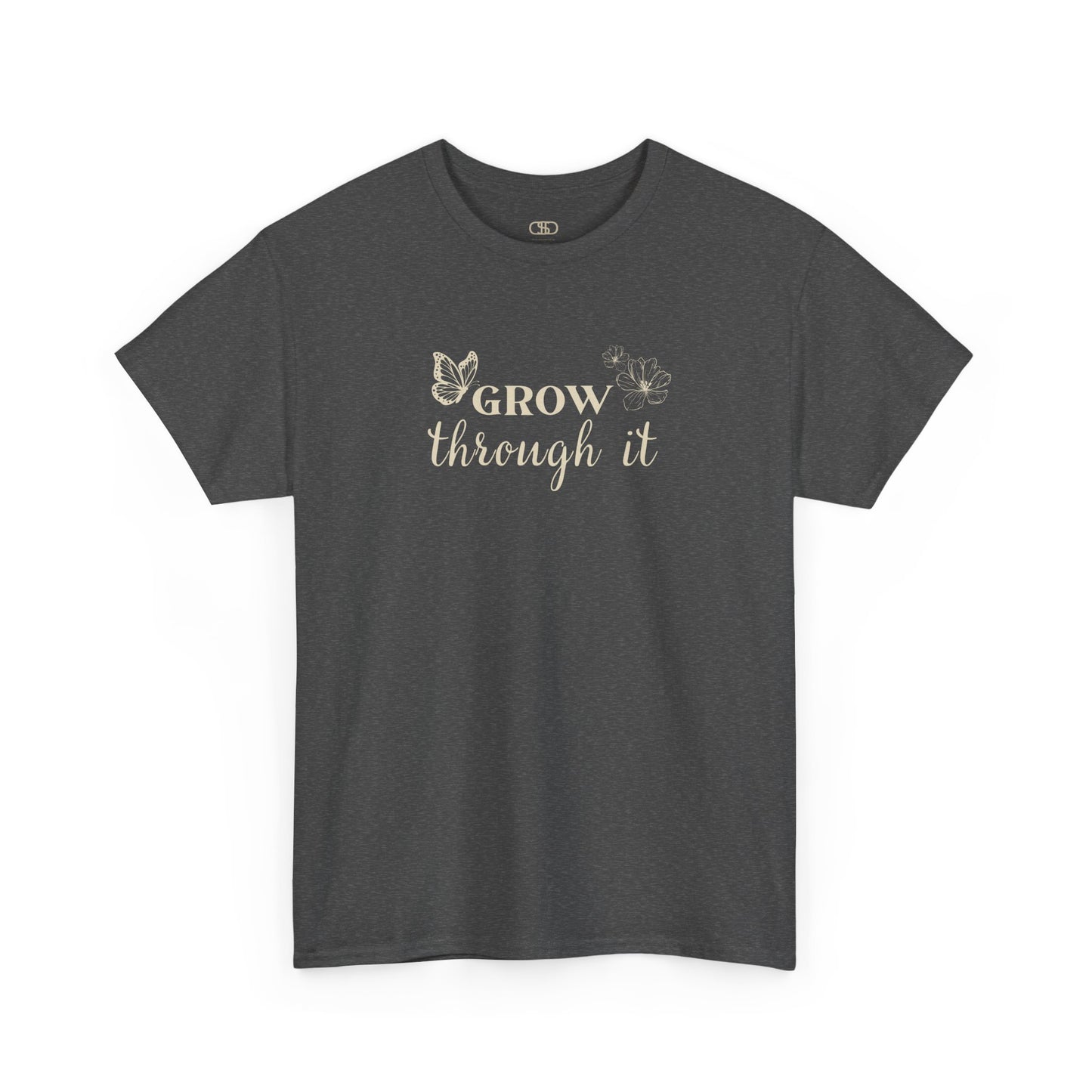A heather gray t-shirt with "Grow Through It" and a butterfly on the front and a design of a spine with vines, flowers, and butterflies on the back.
