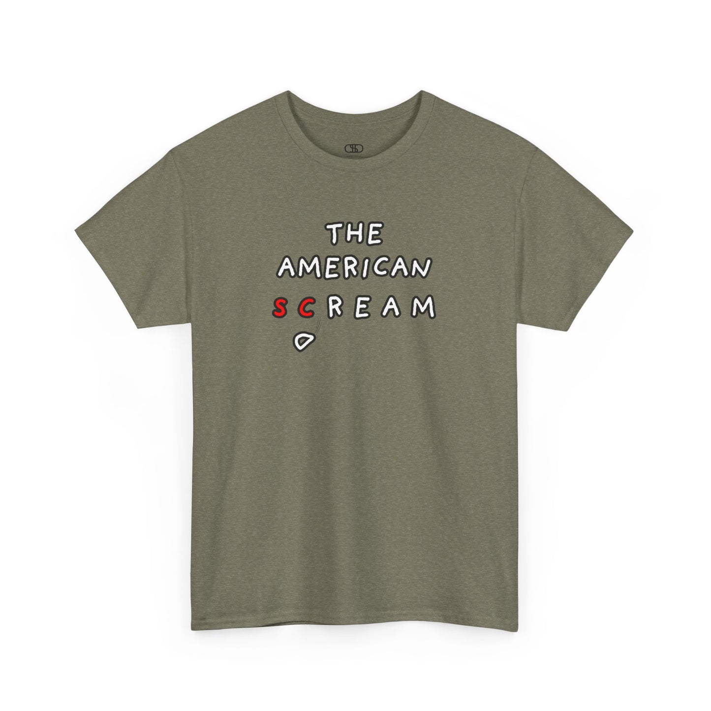 A t-shirt with the phrase "The American Scream..." where the letters 'Sc' are in red and the letter 'D' is depicted as falling or collapsing, symbolizing the American Dream turning into a scream.