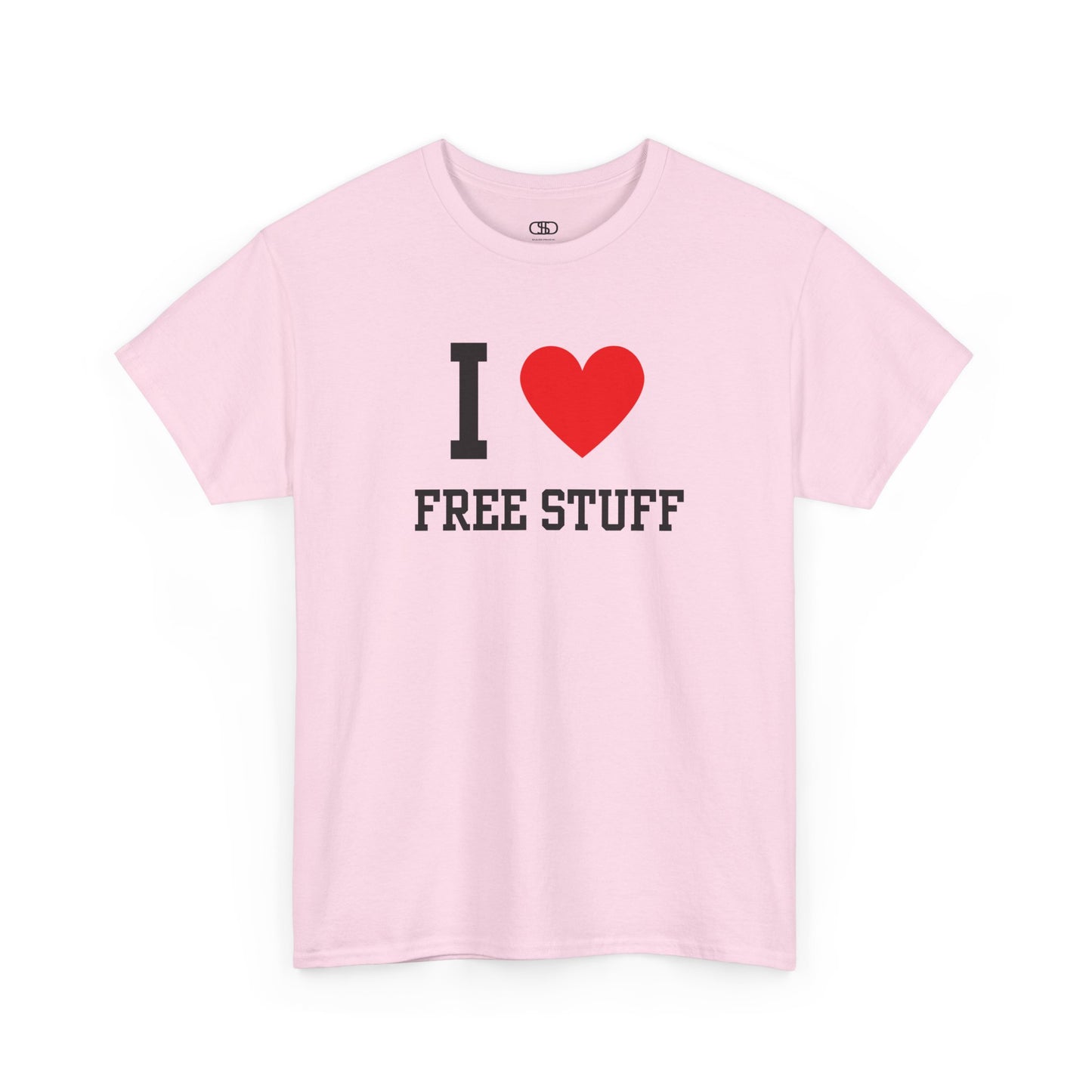 A funny light pink t-shirt with the iconic "I Love" design, featuring the text "I," a red heart, and the phrase "Free Stuff" below.