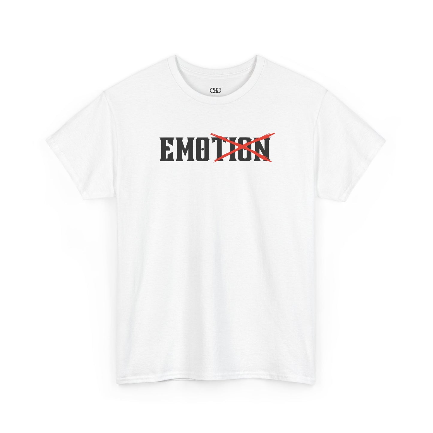 A minimalist t-shirt featuring the word "EMOTION" with the letters 'TION' crossed out, emphasizing the word 'EMO' in a bold font.