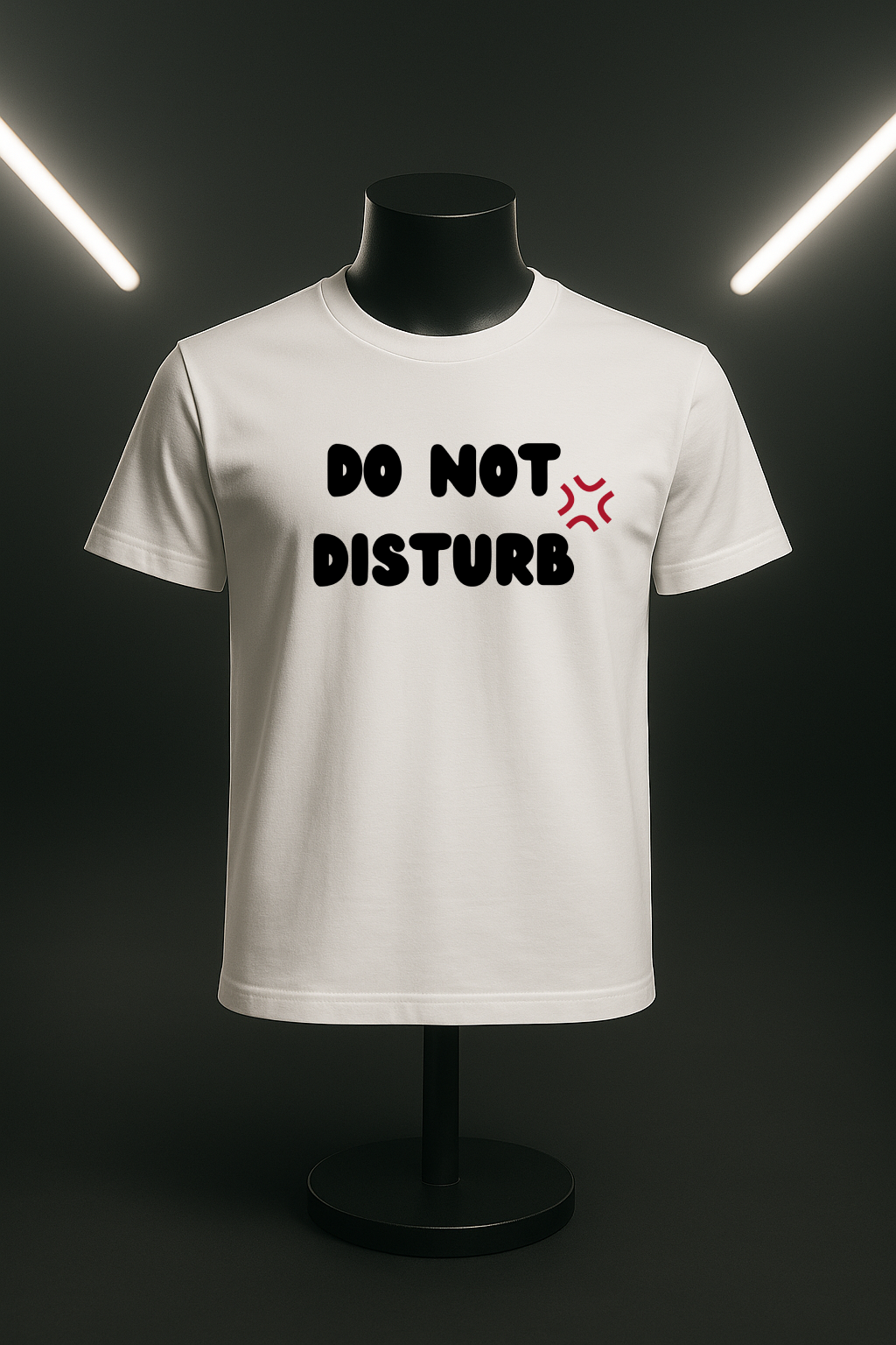 A mannequin A t-shirt with the words "Do Not Disturb" printed above a stylized angry asterisk symbol, like those used in cartoons and anime to show irritation.