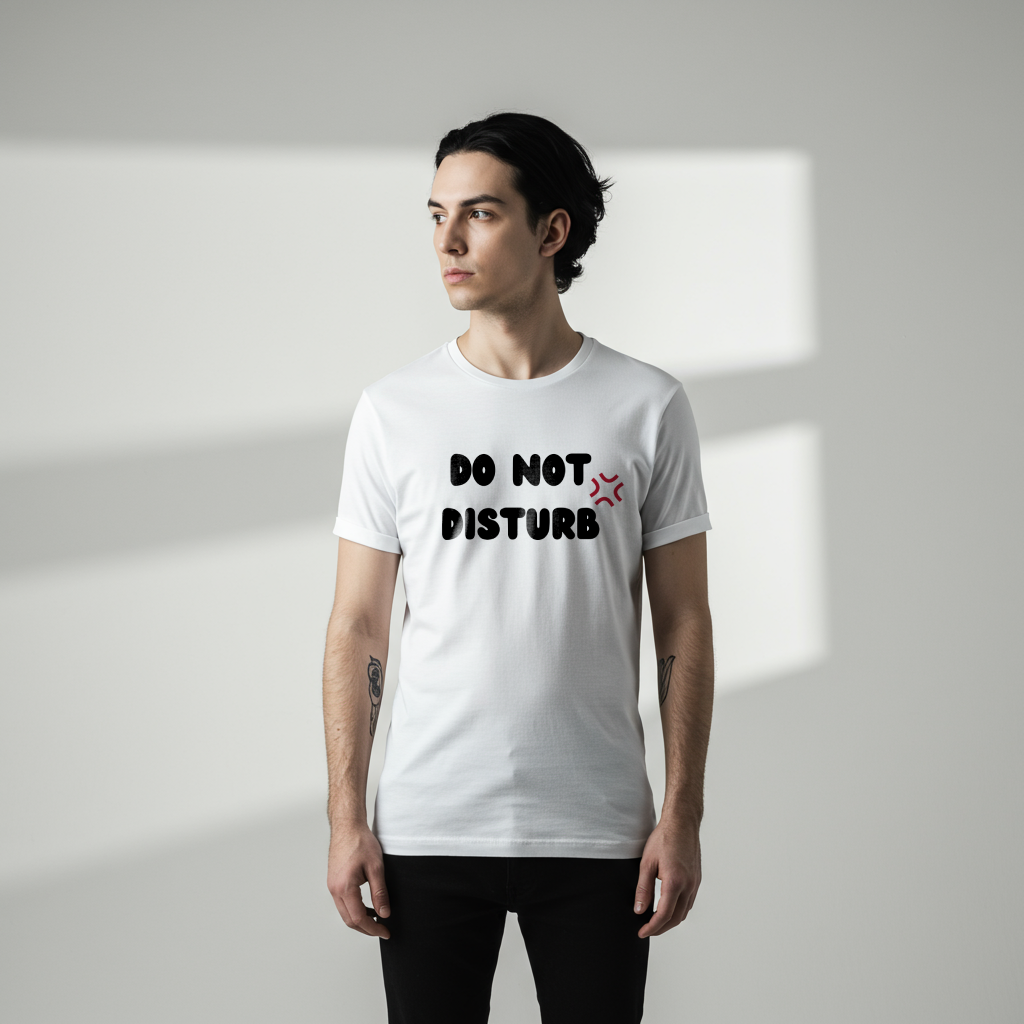 A t-shirt with the words "Do Not Disturb" printed above a stylized angry asterisk symbol, like those used in cartoons and anime to show irritation.
