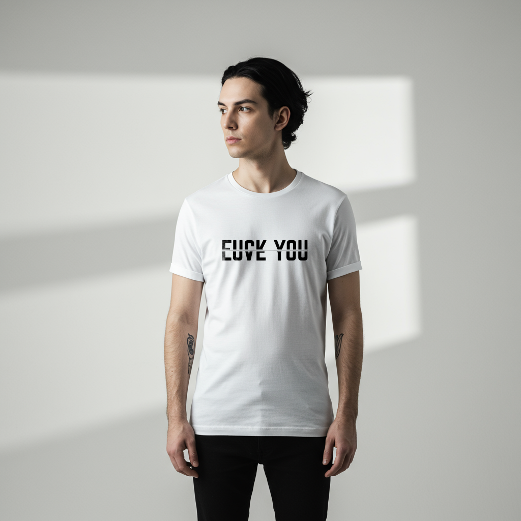 A male model wearing a A t-shirt with a clever split-text design. The top half of the words 'F*ck You' and the bottom half of the words 'Love You' are combined, creating an optical illusion where both phrases can be read.