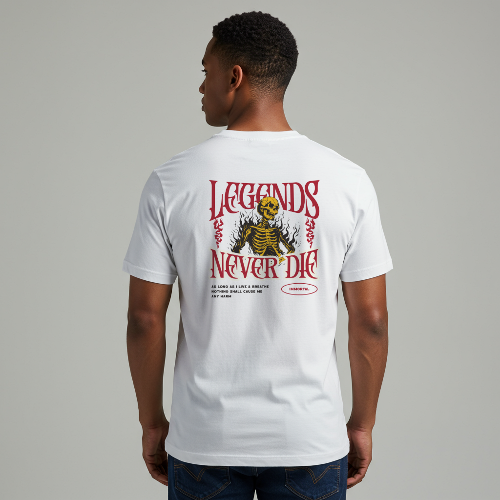 Eternal Protection Shirt – Gothic “Legends Never Die” Skeleton Graphic Tee (MCMLVII Edition)