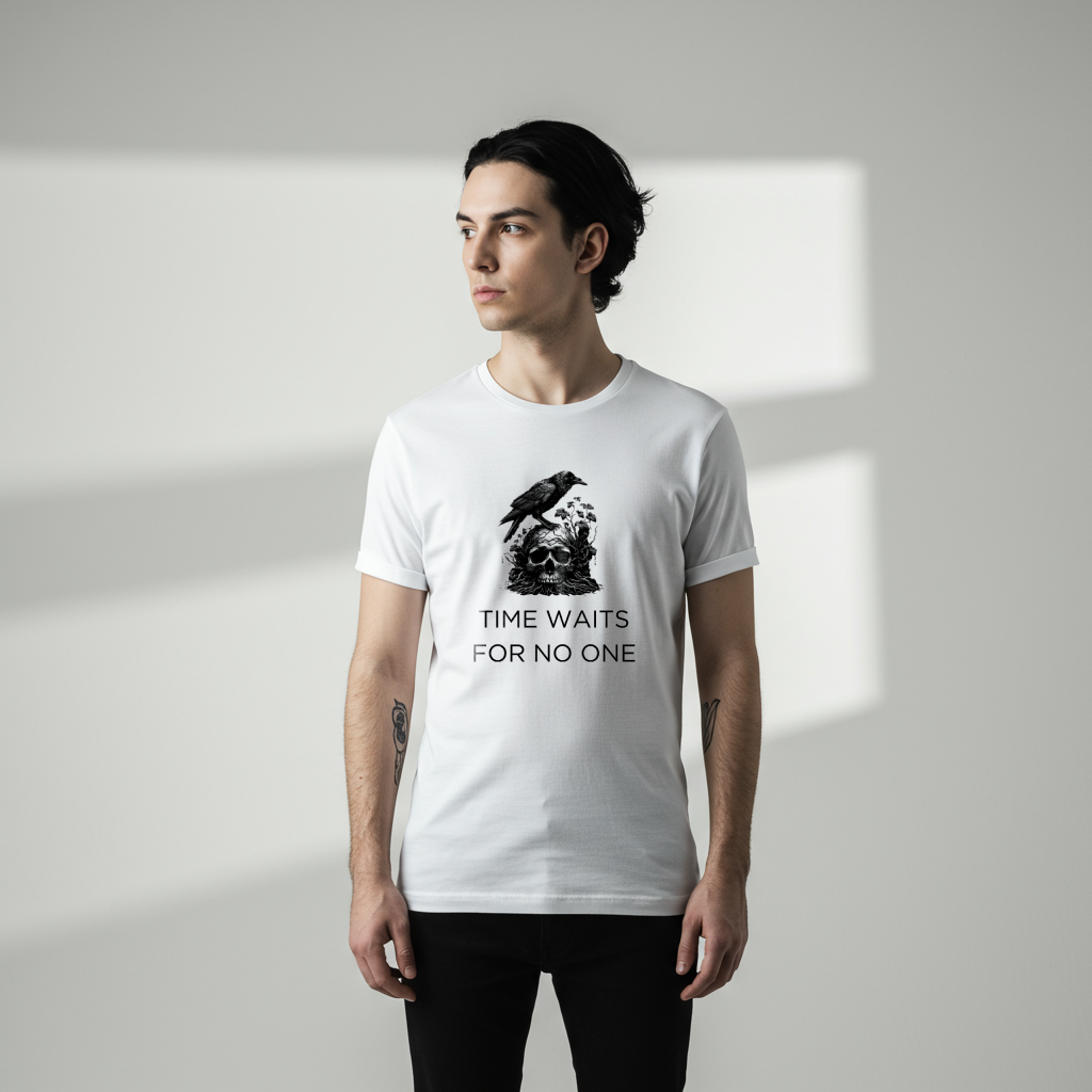 A male model wearing a A close-up of a t-shirt with a gothic illustration. A black crow stands atop a weathered skull, which has moss and delicate vines growing through its eye sockets and around its form, blending nature and death.