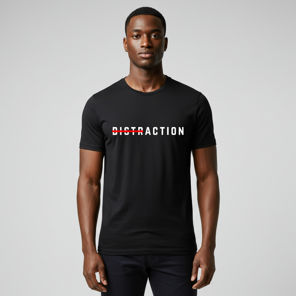 A male model wearing A minimalist t-shirt featuring the word "Distraction" with the 'Dist' part crossed out, emphasizing the word 'Action' in a bold font.