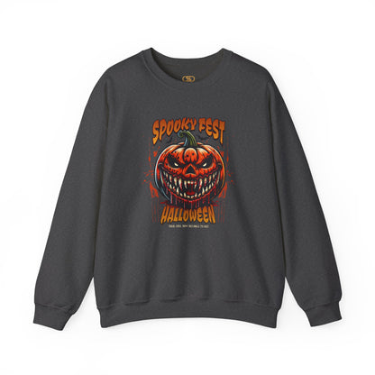 A dark heather gray sweater featuring a Scary fanged jack-o'-lantern with "Spooky Fest Halloween Your Soul Now Belongs To Me!" text, orange and black horror sweatshirt.