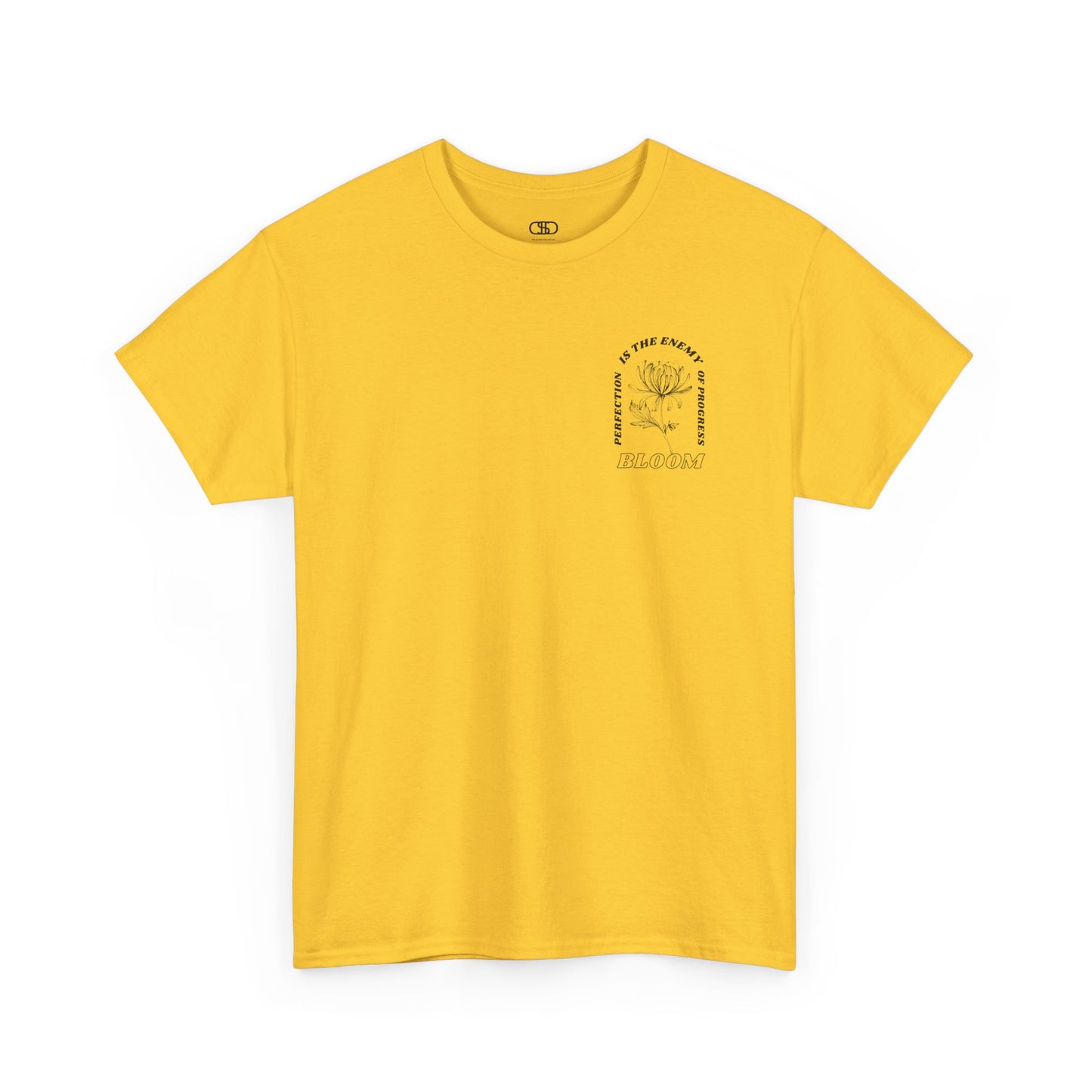 A [daisy] t-shirt with a central flower design and the words “Perfection is the enemy of progress” and “Bloom” underneath it the phrase "Consistent effort breeds greatness." 
