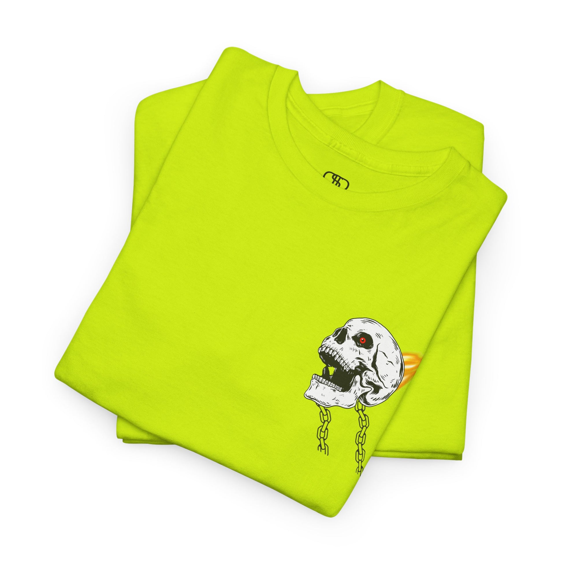 A folded safety green T-shirt with a daring skeleton graphic, red glowing eye, chains forming wings, and a flame background