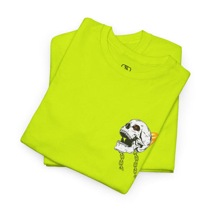 A folded safety green T-shirt with a daring skeleton graphic, red glowing eye, chains forming wings, and a flame background