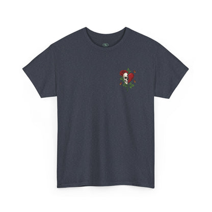 A dark heather t-shirt with a front design of a half skull, half broken heart, and a rose. The back reads "Gym Heals" in red.