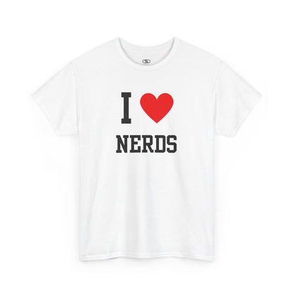 A white t-shirt featuring the classic "I Love" layout with the text "I," a red heart graphic, and the word "Nerds" below.