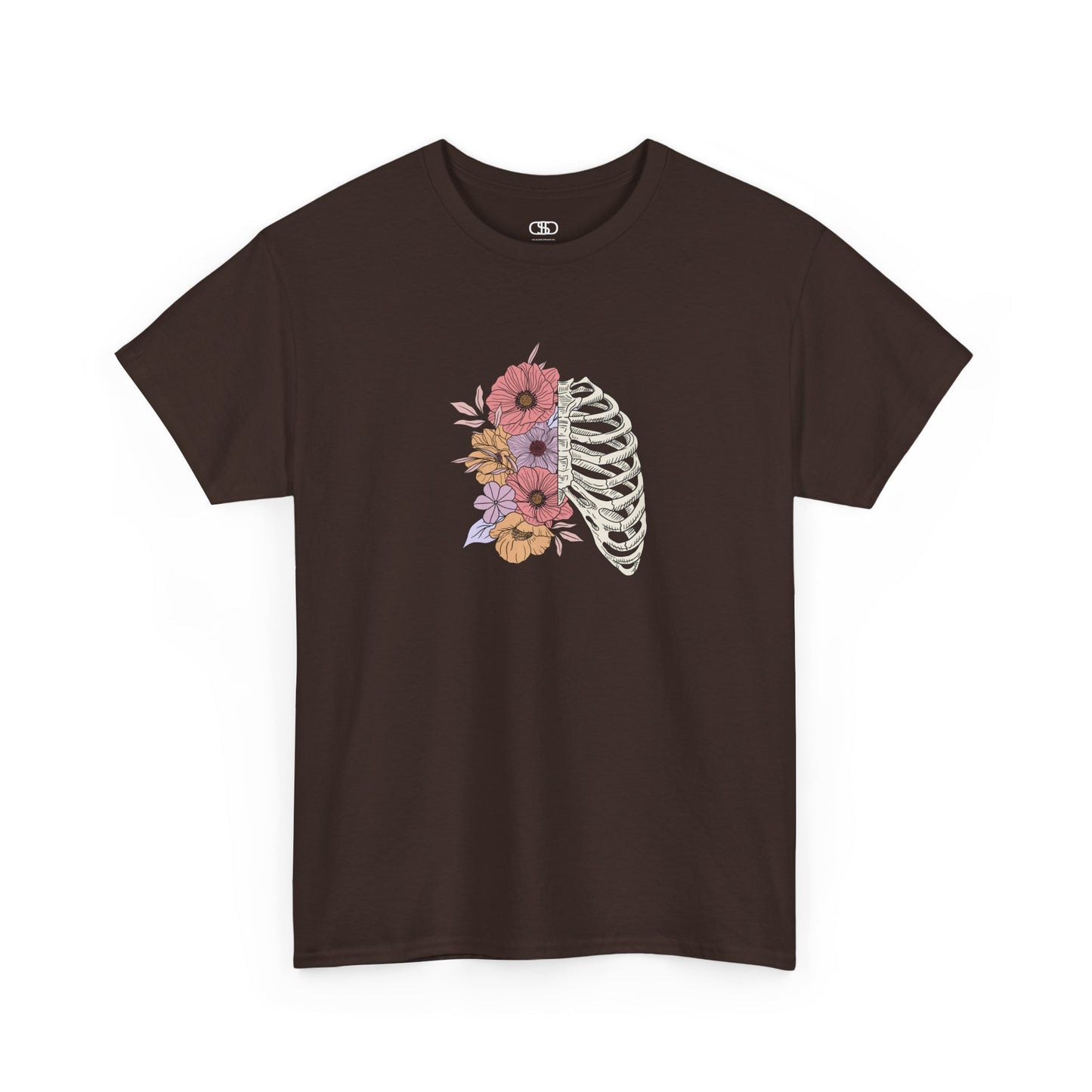 T-shirt with a lung graphic, half skeletal ribcage, half flowers.

