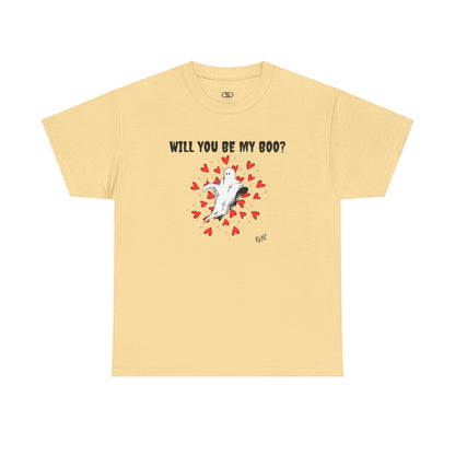  A t-shirt featuring a cute floating ghost surrounded by bursting hearts. At the top of the design, the text reads, "Will You Be my Boo?"