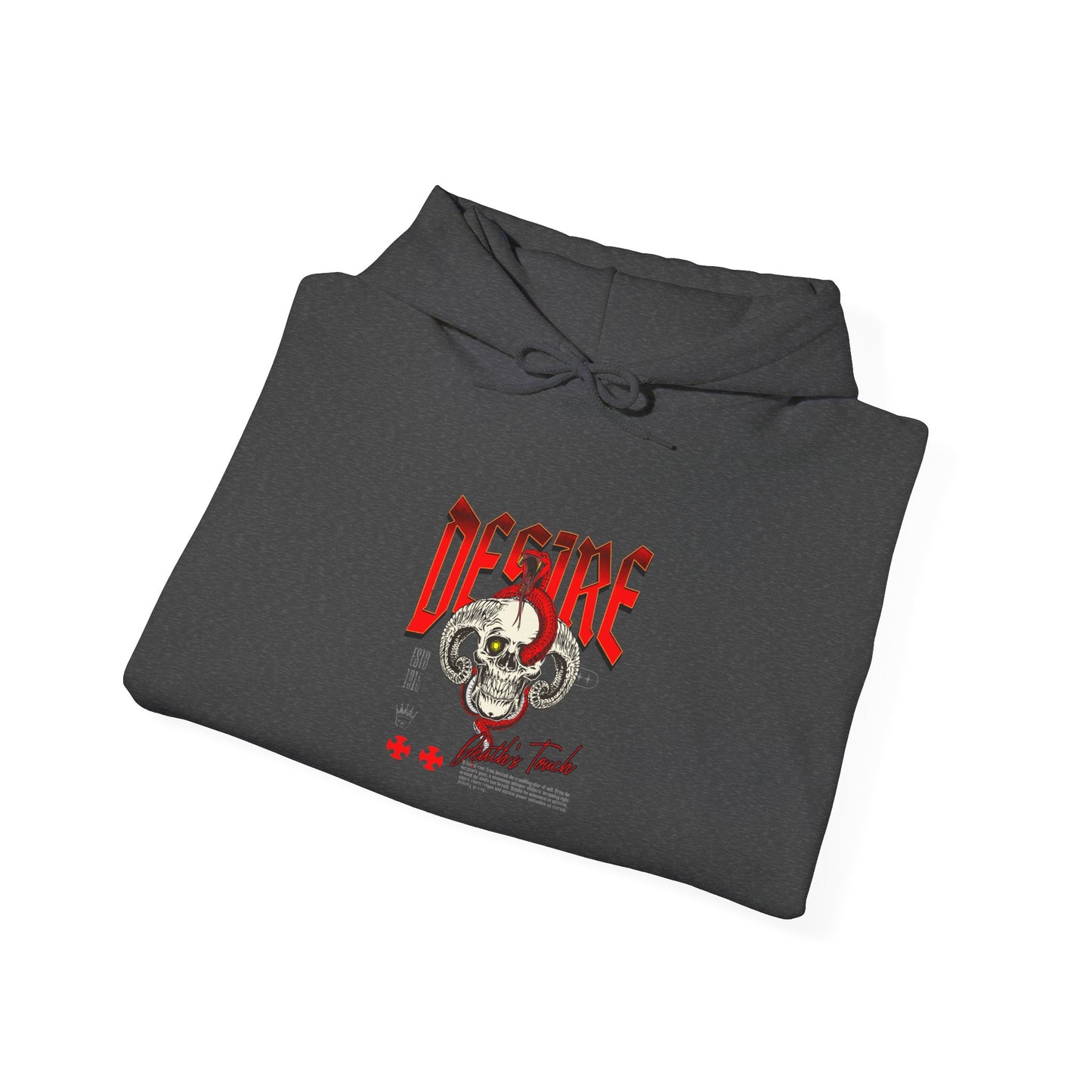 A folded dark heather hoodie featuring a Horned skull with glowing eye and red snake wrapped around it, "Desire Death's Touch" text, gothic hoodie design.