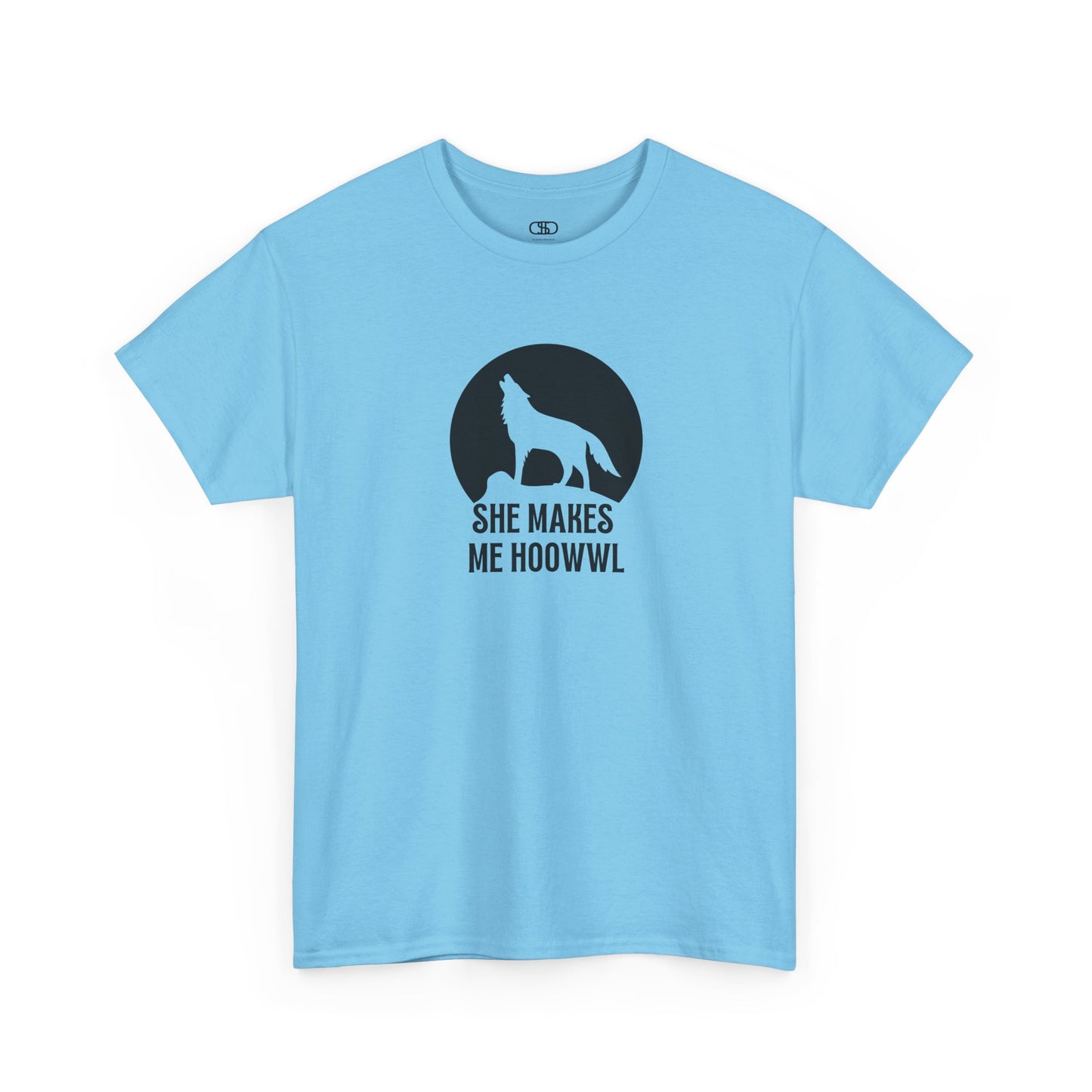 A sky blue T-shirt with a wolf silhouette howling at the moon on a cliff, and "She makes me HOOWWL" text.