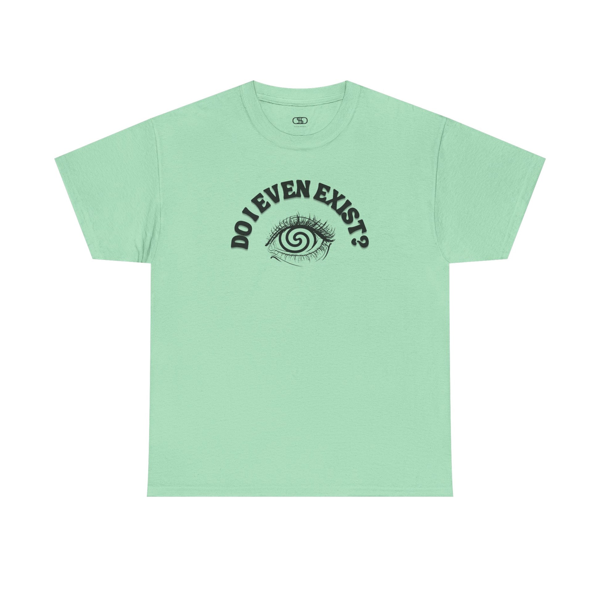 Mint Green T-shirt with an eyeball and a mind-bending optical illusion and the text "Do I even exist?
