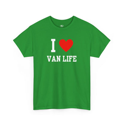 Green t-shirt with 'I ❤️ VAN LIFE' text on a white background
