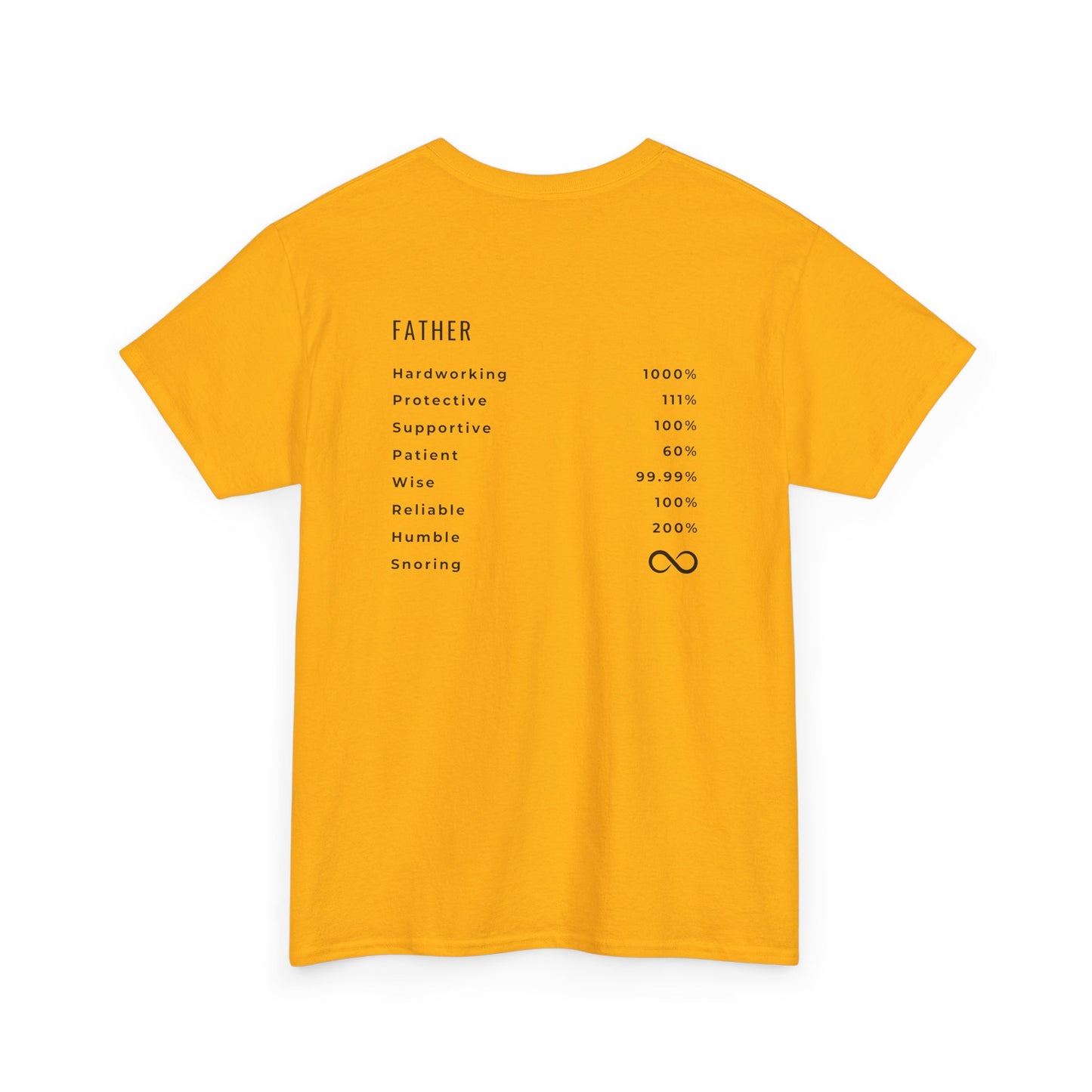 The back of a gold t-shirt which features the traits of a father, Hardworking, Protective, Supportive, Patient, Wise, Reliable, Humble and Snoring. 