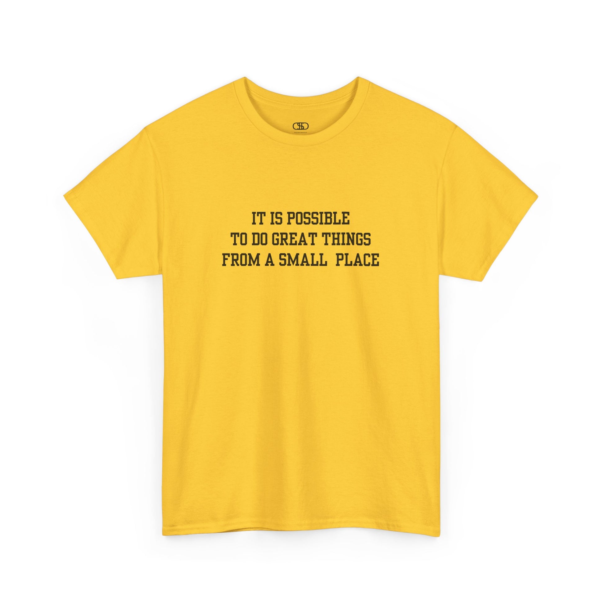 A daisy t-shirt with the quote “It is possible to do great things from a small place” on the front.