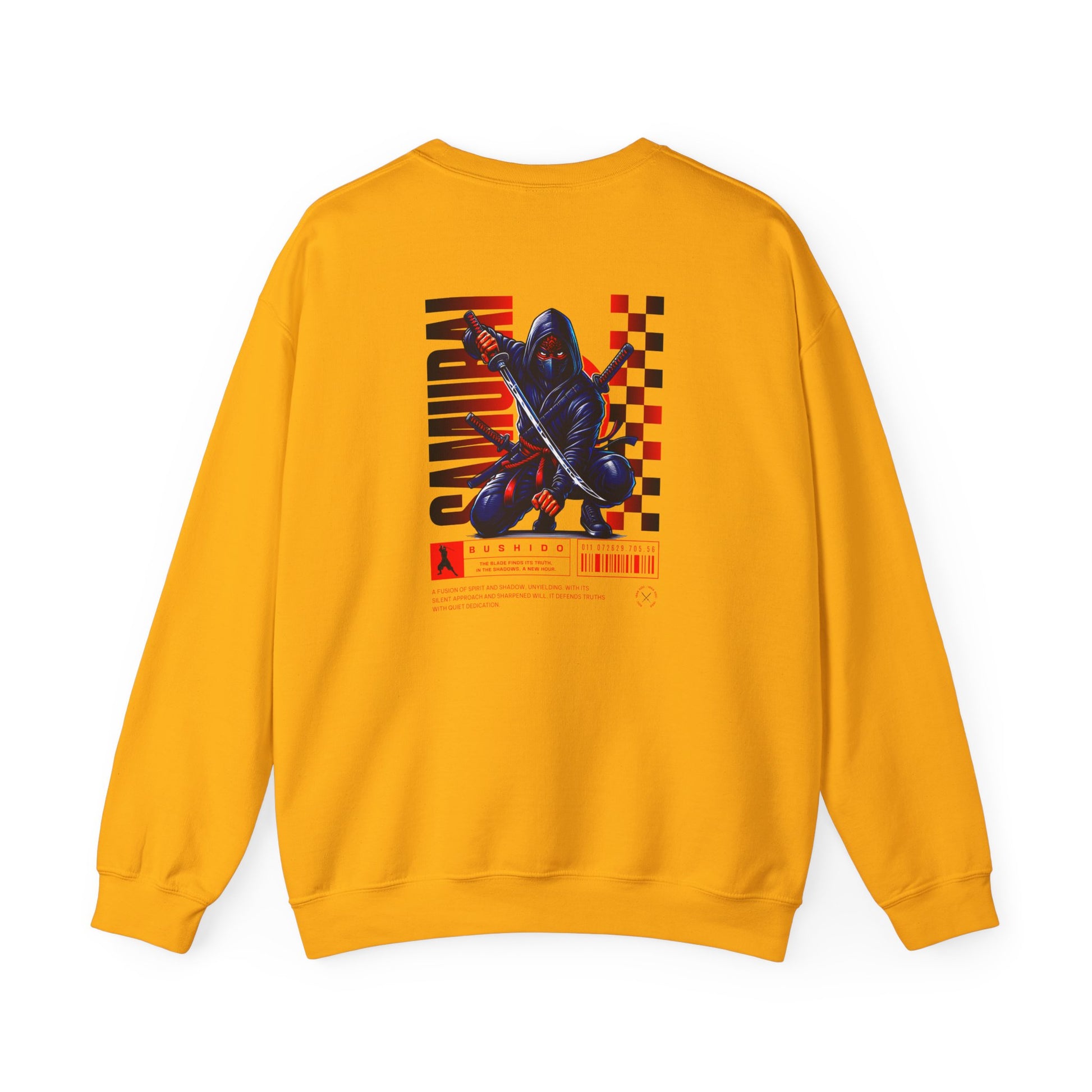 A daisy yellow sweatshirt featuring a Crouching ninja with two katanas and "Bushido" text, red and black Japanese-inspired sweatshirt design.