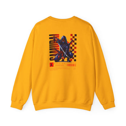 A daisy yellow sweatshirt featuring a Crouching ninja with two katanas and "Bushido" text, red and black Japanese-inspired sweatshirt design.
