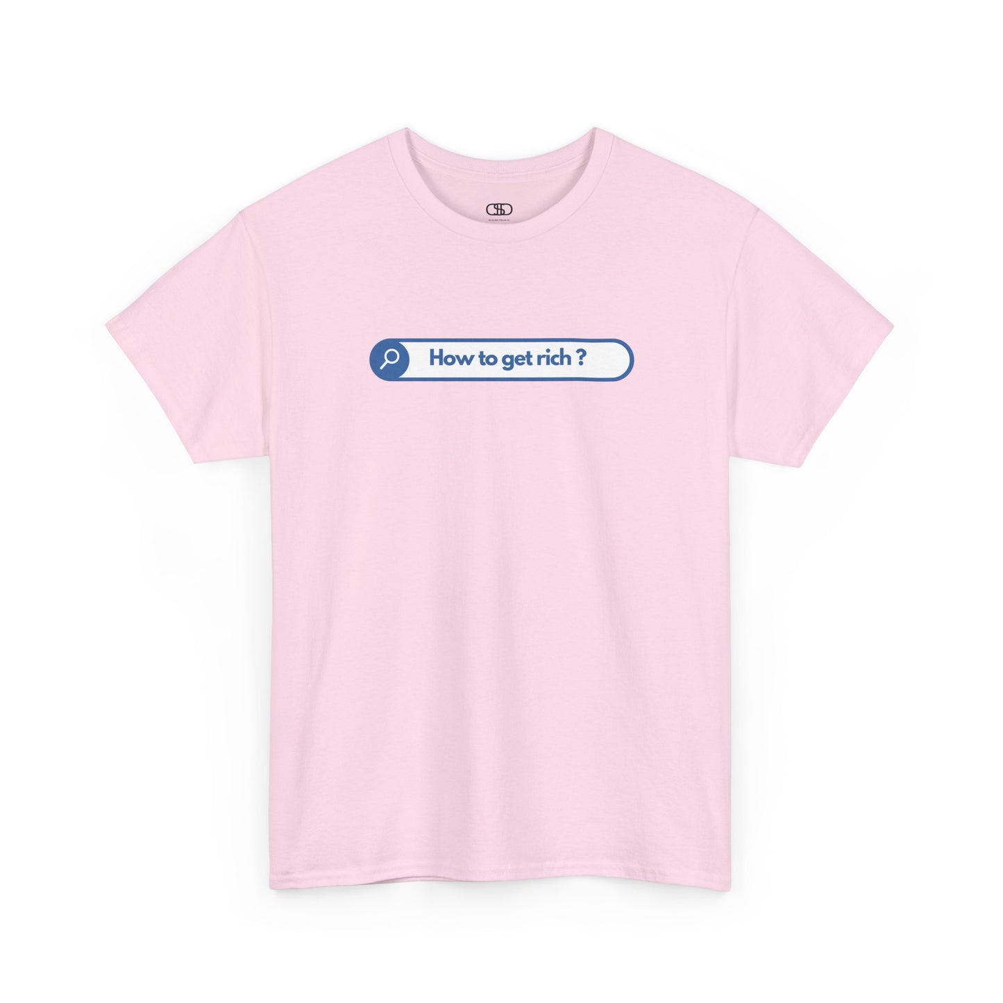 A light pink t-shirt with a search bar graphic and the text "How to get rich?" on a white background