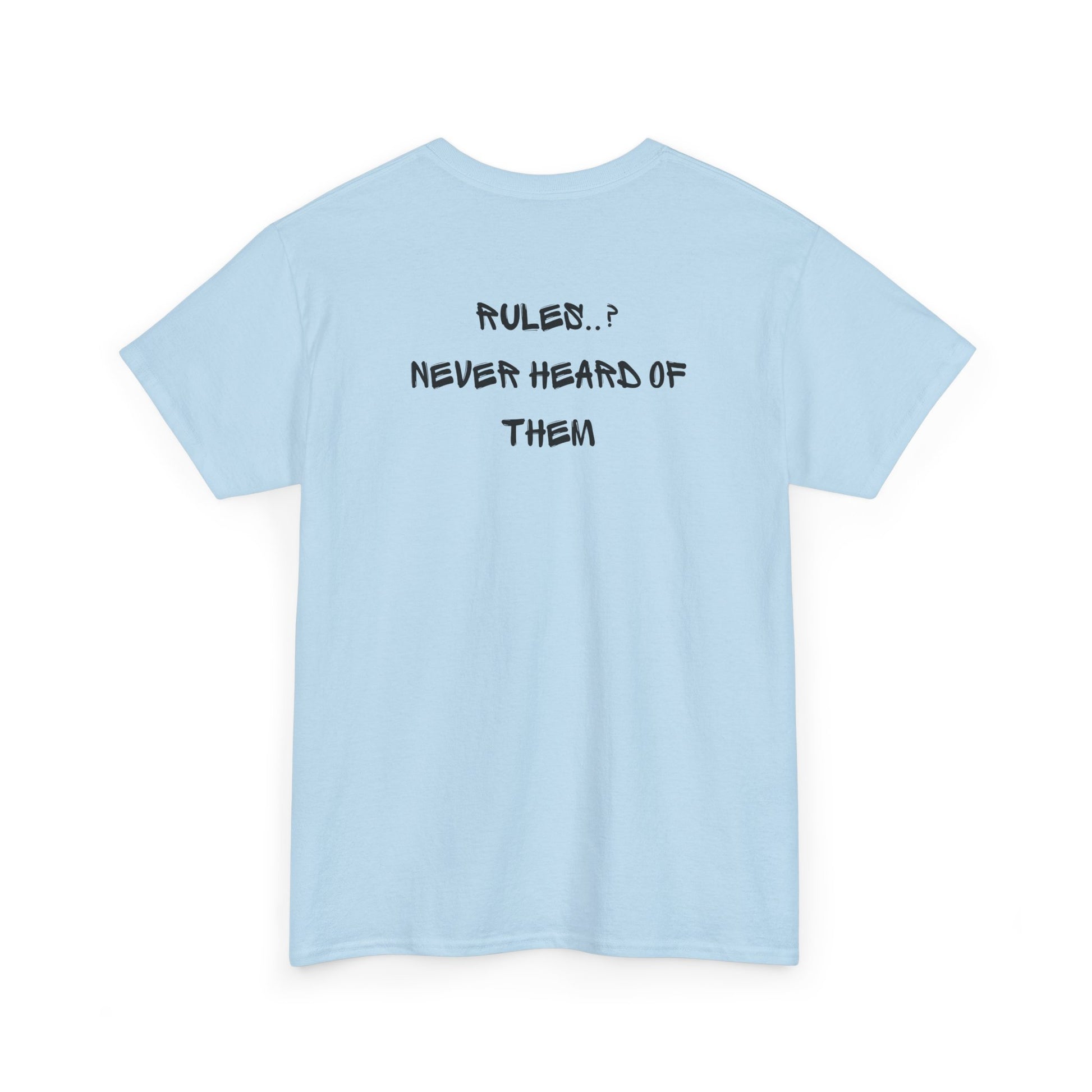 A light blue t-shirt with small rock hand symbol on front, and "Rules.. Never Heard of Them" graffiti text on the back.