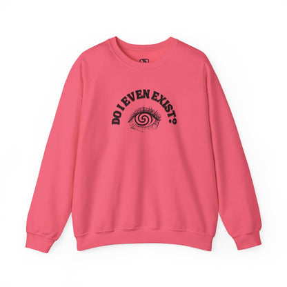 A sweatshirt with a graphic print of a detailed, realistic eye that contains an optical illusion of a spiral. The text "Do I even Exist?" is printed above the eye in a clean font.