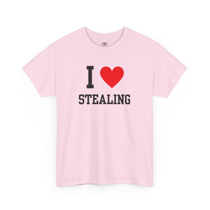 A sarcastic light pink t-shirt featuring the classic "I Heart" graphic with the text "I," love, and the word "Stealing," intended as dark humor.
