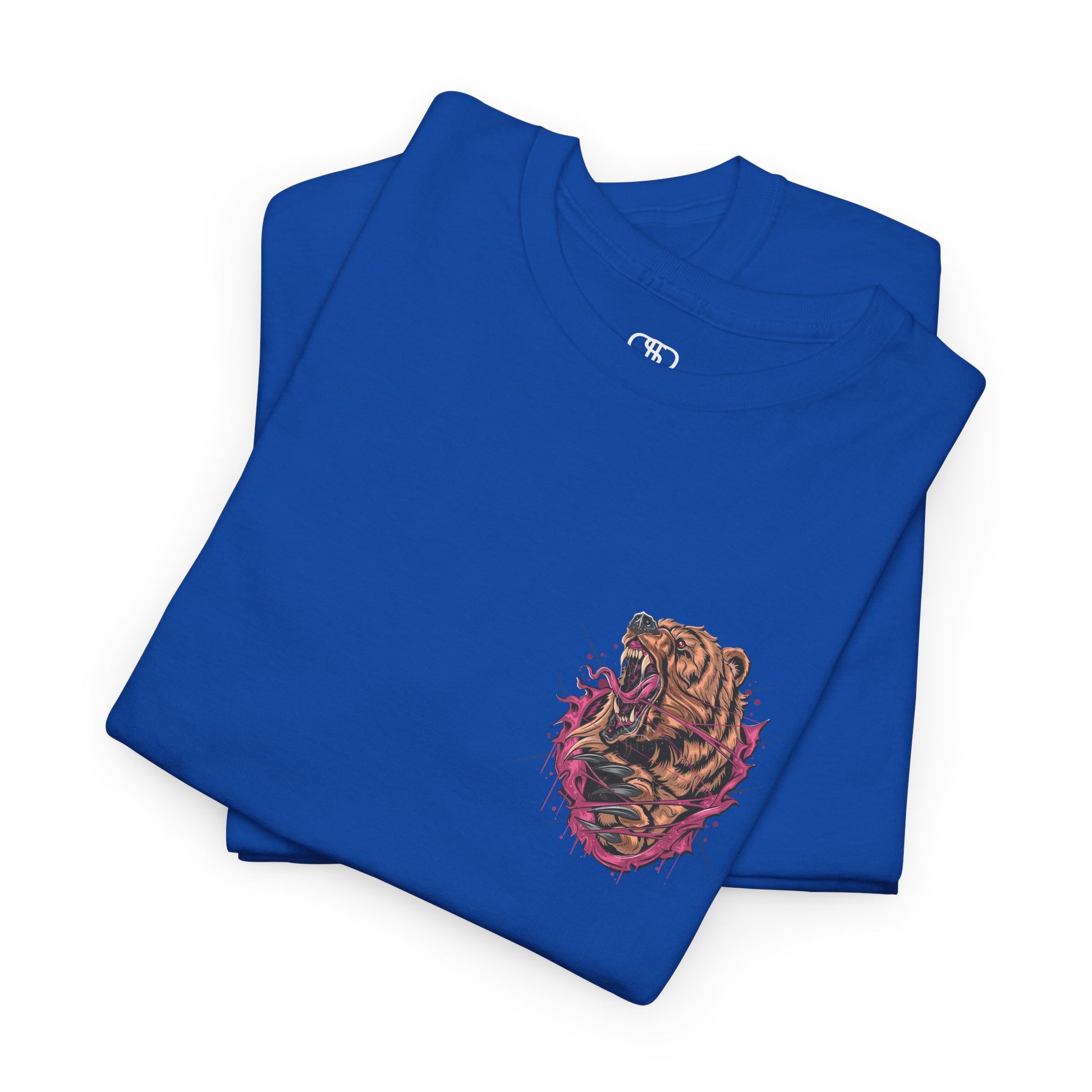 A folded royal blue T-shirt with a graphic of a raging bear ripping through the fabric, growling, with claws out and red eyes.