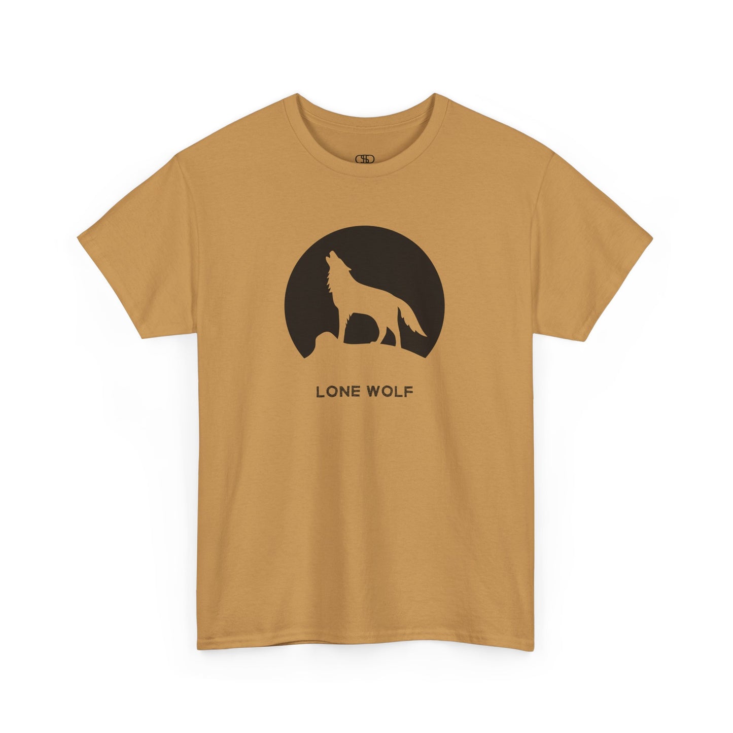 Graphic t-shirt with a black silhouette of a wolf howling on a mountain peak, with the words 'lone wolf' underneath.
