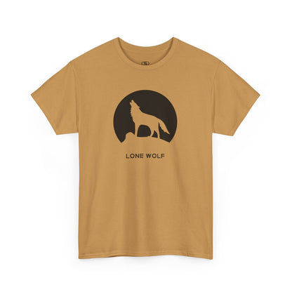 Graphic t-shirt with a black silhouette of a wolf howling on a mountain peak, with the words 'lone wolf' underneath.