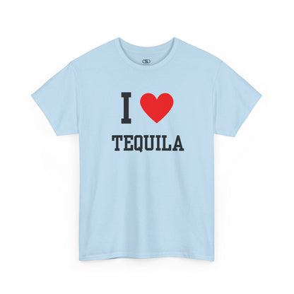 A light blue t-shirt displaying the iconic "I Love" design, with the text "I," followed by a red heart symbol, and the word "Tequila" printed underneath.