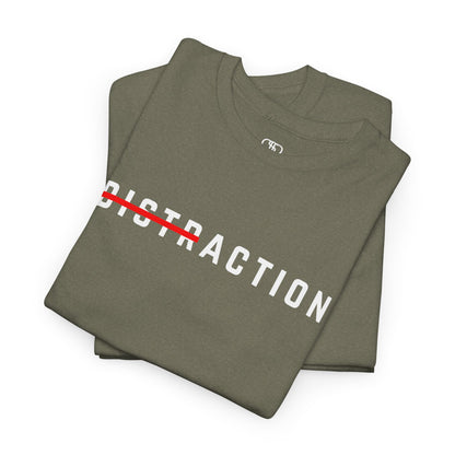 A folded A minimalist t-shirt featuring the word "Distraction" with the 'Dist' part crossed out, emphasizing the word 'Action' in a bold font.