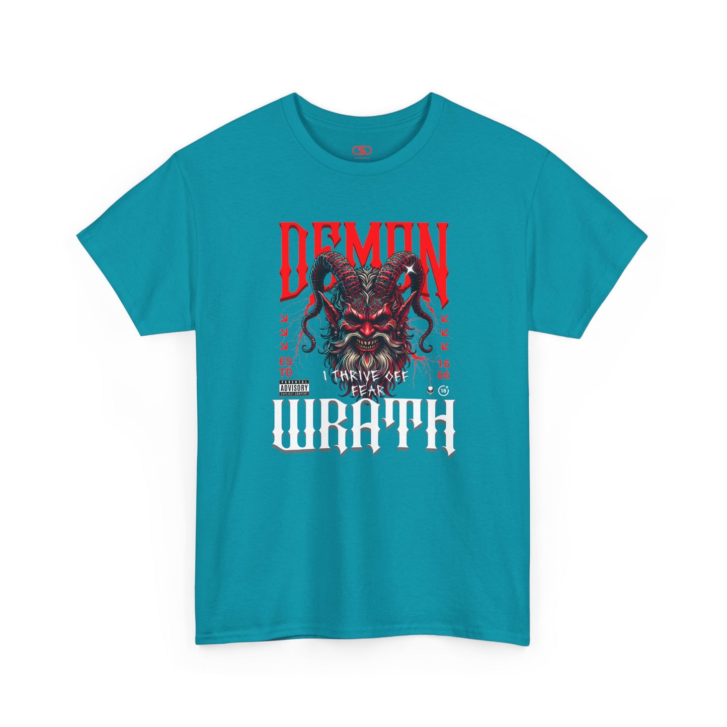 A sapphire Blue t-shirt featuring a Red horned demon head with "Demon Wrath" text and lightning, gothic horror t-shirt design