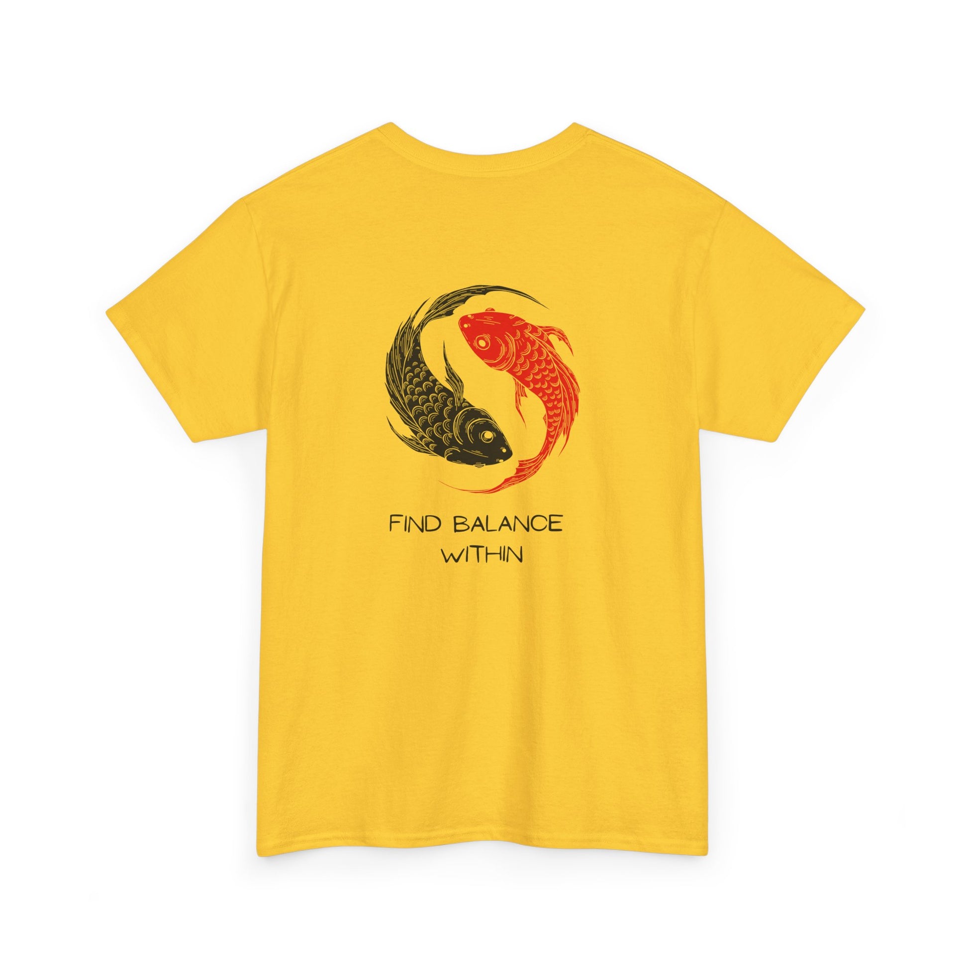  Back of a t-shirt showing two swimming koi fish in red and black, arranged in a harmonious circle above the words "find balance within."