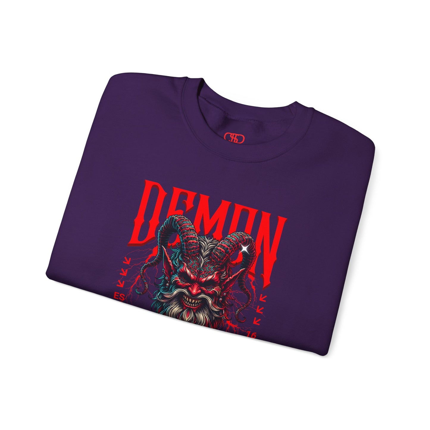 A folded purple sweater featuring a Red horned demon head with "Demon Wrath" text and lightning, gothic horror apparel design.