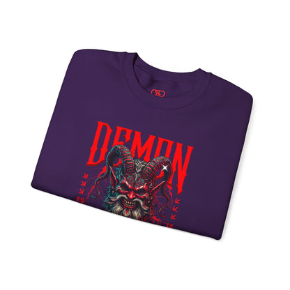 A folded purple sweater featuring a Red horned demon head with "Demon Wrath" text and lightning, gothic horror apparel design.