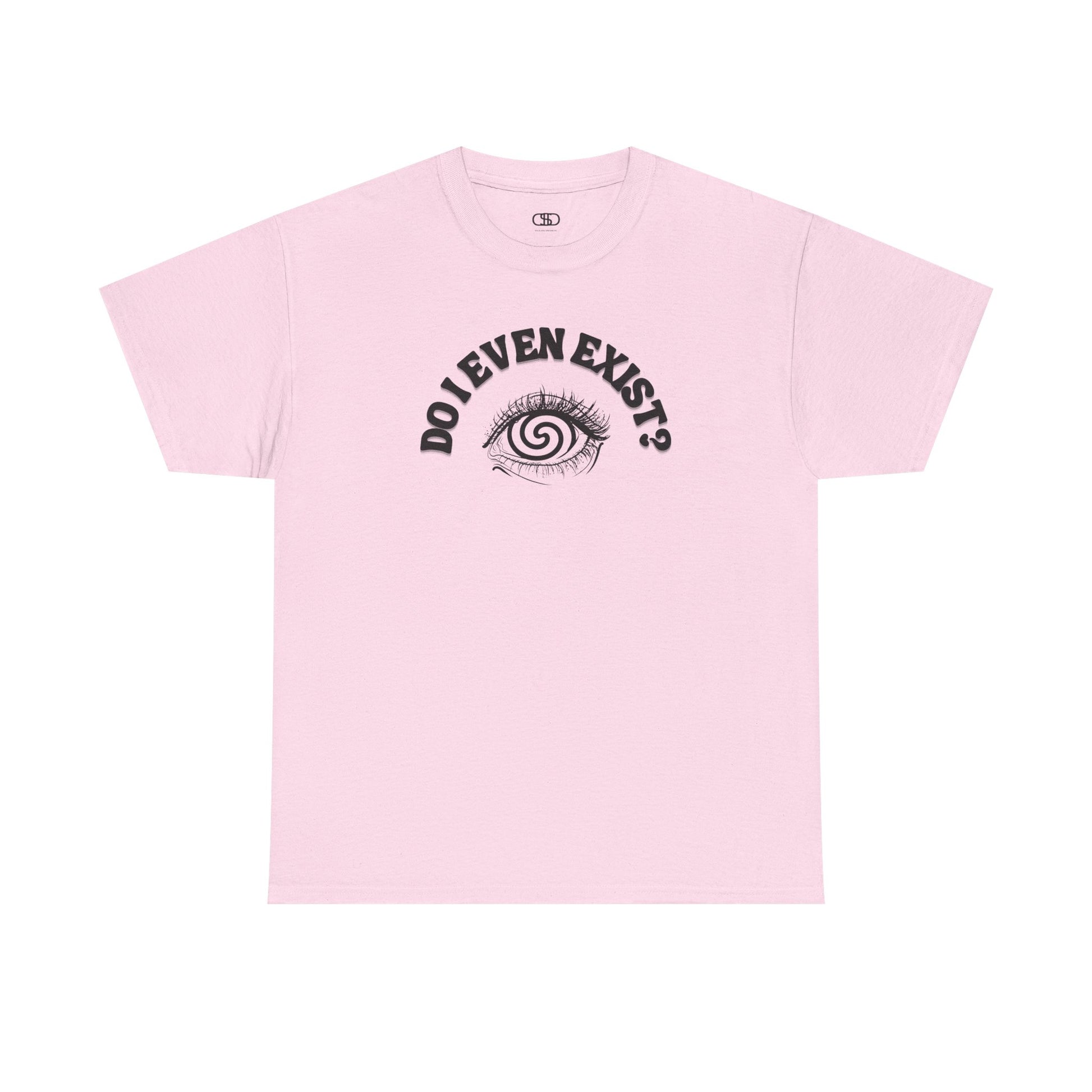 Light Pink T-shirt with an eyeball and a mind-bending optical illusion and the text "Do I even exist?"