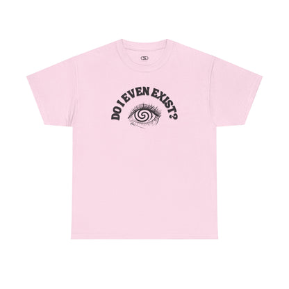 Light Pink T-shirt with an eyeball and a mind-bending optical illusion and the text "Do I even exist?"