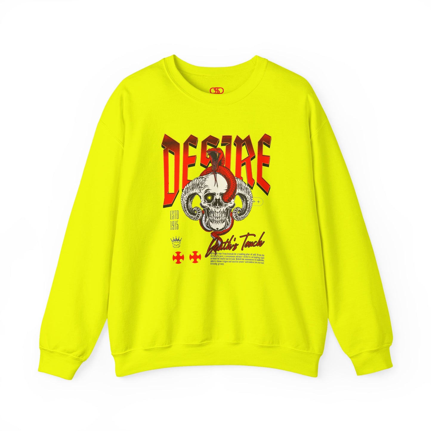 A safety green sweatshirt Horned skull with glowing eye and red snake wrapped around it, "Desire Death's Touch" text, gothic sweatshirt design.
